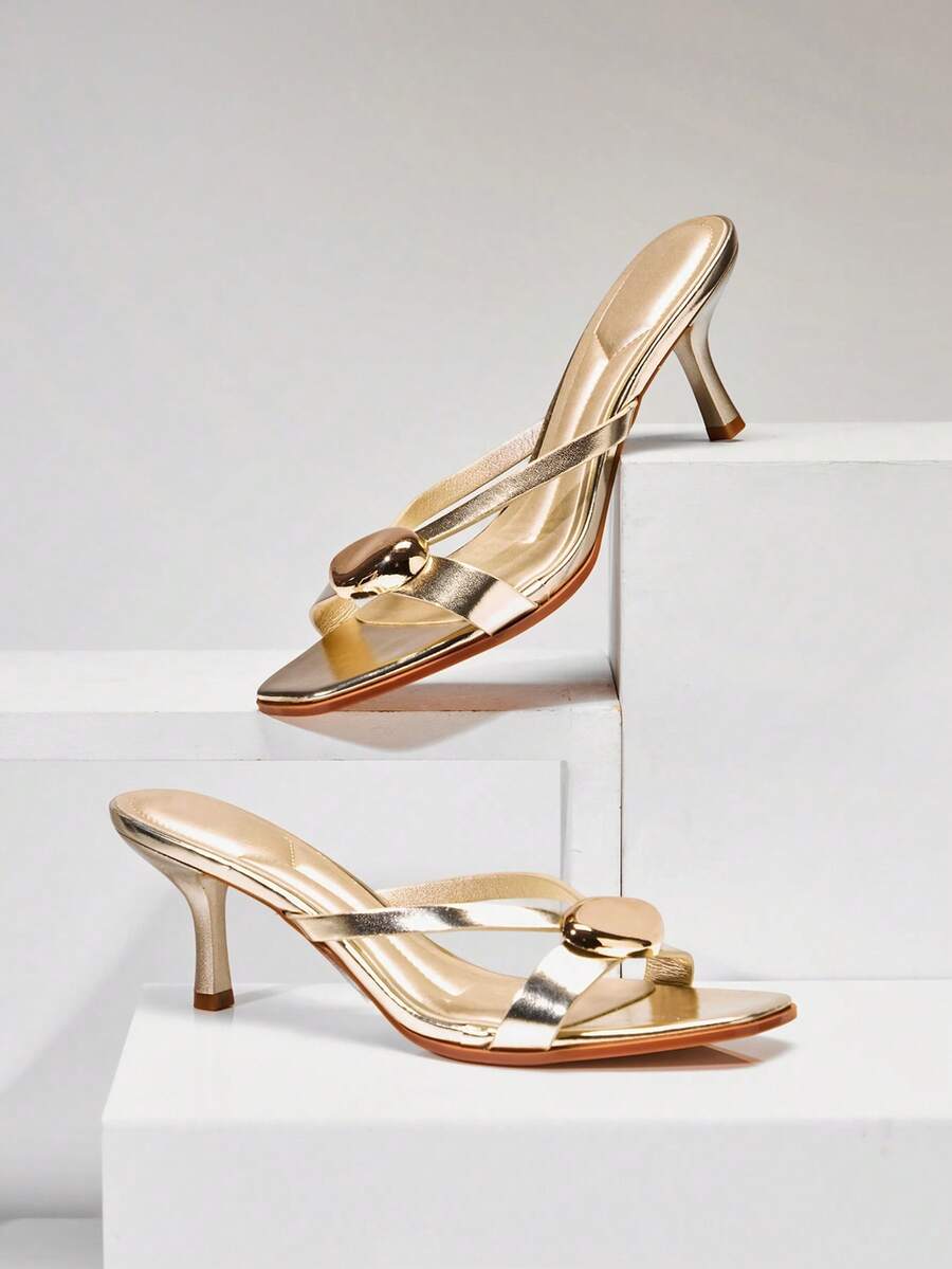 SHUZIA Dép xỏ ngón nữ tối giản, thoải mái, mũi tròn, đính vàng, gót thấp. - Vàng - Xem 1