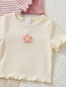 Playful Pals 3pcs/Set Baby Girls(6 Months-3 Years)Cute Summer Pink And White Striped Short Sleeve T-Shirts,Textured 3D Floral Ruffle Graduation Birthday Party Tops - Multicolor - View 7