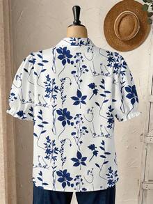 Rusticease 2026新款碎花V领短袖宽松女式衬衫，优雅乡村风，适合母亲节、音乐节、度假、春假、休闲、舒适、波西米亚风、复古风，也适合夏季、度假、通勤、日常穿着和户外活动。 - 藍白色 - 查看 2