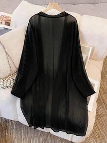 大码女士休闲薄纱长款外套，适合春季、夏季、秋季、海滩、度假穿着 - 黑色 - 查看 2