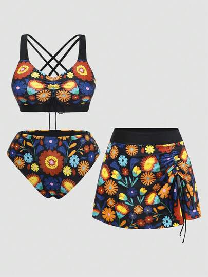 Slaydiva Conjunto de bikini bohemio elegante con estampado de margaritas para mujer de talla grande, para vacaciones en la playa 2026