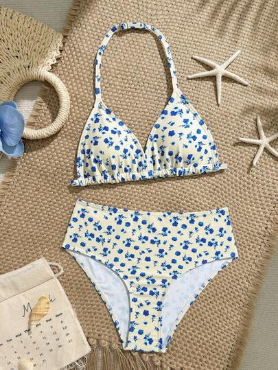 SHEIN Conjunto de bikini de 2 piezas de tela de punto con estampado floral pequeño para niñas preadolescentes, diseño de halter, estilo elegante europeo y americano, adecuado para nadar, vacaciones, verano
