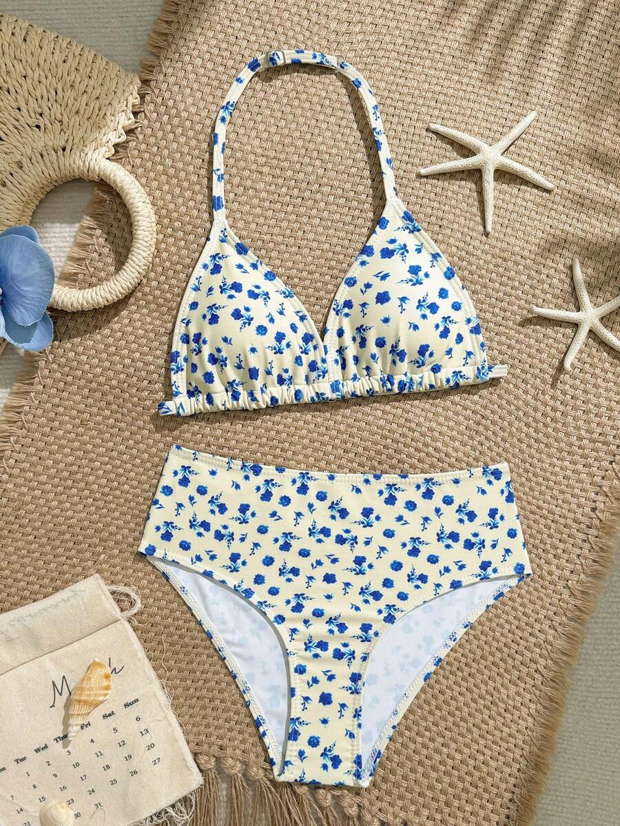 SHEIN Beige Tween Girls Cute Ditsy Floral Knit Fabric Bikini Sets,2 Pieces Halter Design,Fashionable European And American Style For Summer Beach Holiday - Multicolor - View 1