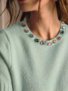 PREMIUM RHINESTONE DETAIL SHORT SLEEVE KNIT TOP - Green - View 1