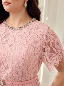 MOTF PREMIUM VESTIDO DE ENCAJE ELEGANTE PARA MUJER CON CINTURÓN DE CINTURA ADORNADO CON DIAMANTE DE IMITACIÓN Y MANGAS CORTAS, ROSA - Rosa - Ver 1