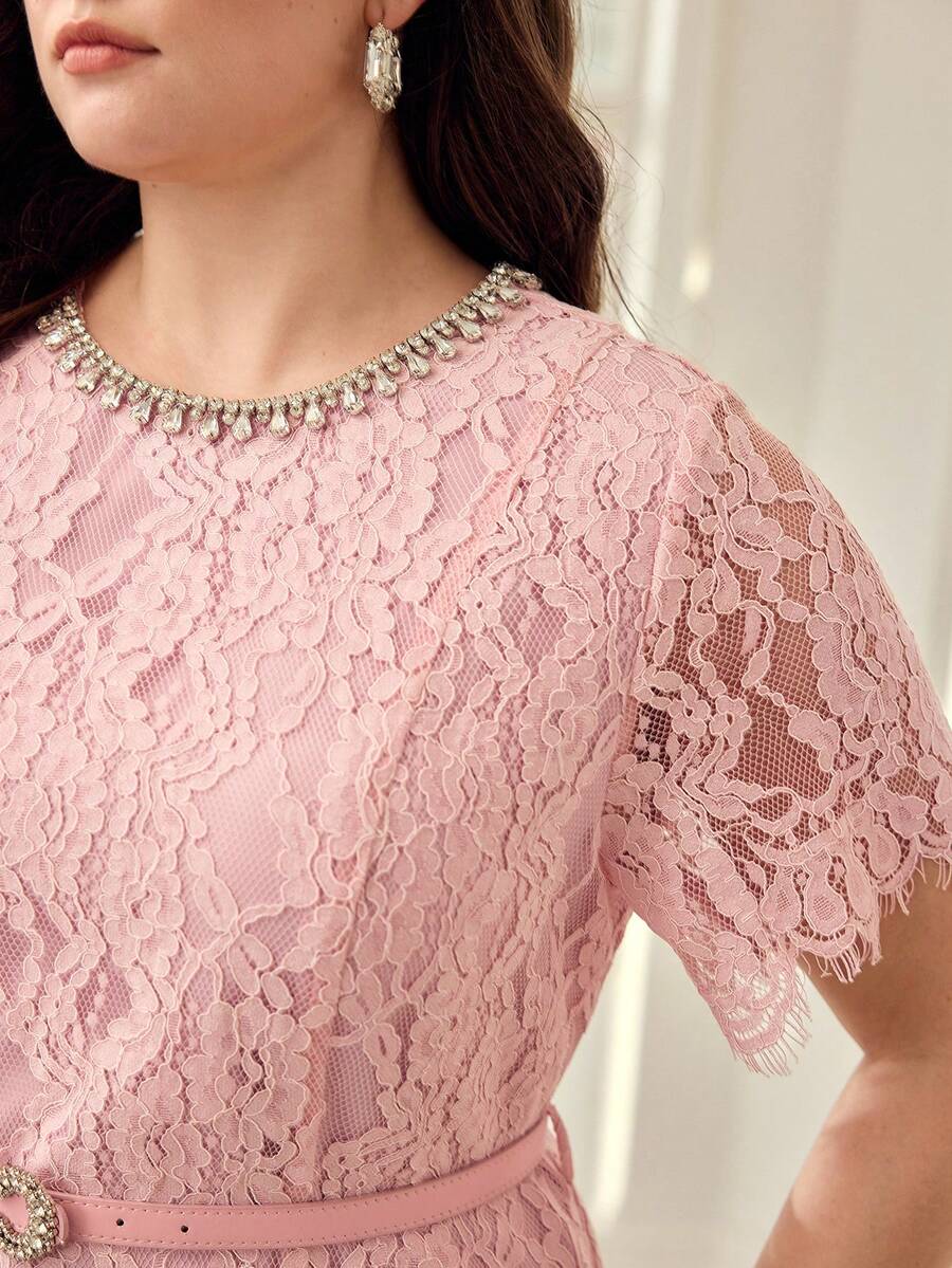 MOTF PREMIUM VESTIDO DE ENCAJE ELEGANTE PARA MUJER CON CINTURÓN DE CINTURA ADORNADO CON DIAMANTE DE IMITACIÓN Y MANGAS CORTAS, ROSA - Rosa - Ver 1