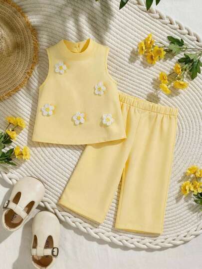 SHEIN Vintaside Kids 女婴黄色无袖立领3D立体花卉装饰背心和直筒裤两件套，时尚百搭，适合通勤和休闲穿着