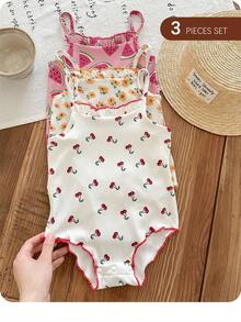 SHEIN LMoss Kids 新生女婴 3 件套 可爱碎花夏季吊带连体衣 - 彩色 - 查看 3