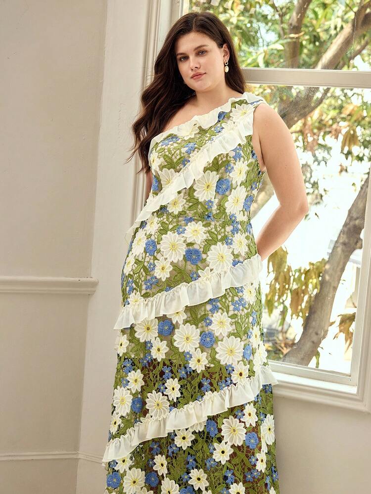 PLUS SIZE WOMEN GREEN TEXTURED PATCHWORK RUFFLE TRIM DRESS