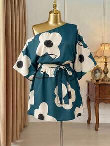 Rometta Vestido casual de vacaciones con estampado de flores, cuello asimétrico y talla grande - Multicolor - Ver 6