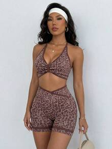 Slayform Bộ đồ thể thao nữ họa tiết da báo gồm áo hai dây hở lưng và quần short, màu nâu, thích hợp cho cả tập luyện thể thao, áo liền thân thể thao, bộ đồ tập luyện cho nữ, quần áo tập luyện cho nữ. - màu nâu - Xem 8