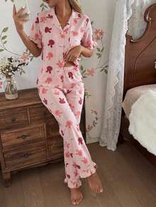 Conjunto de pijama con top de manga corta y pantalones de tela de crepé con estampado de corazones a rayas para niñas, de moda y lindo - Rosado Sandía - Ver 3