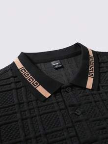 Manfinity Joysei Camisa polo de cuello acanalado con dos botones y textura jacquard de doble cara para hombres - Negro - Ver 4