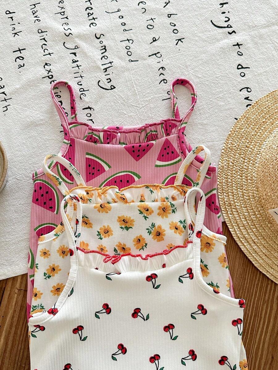 SHEIN LMoss Kids 新生女婴 3 件套 可爱碎花夏季吊带连体衣 - 彩色 - 查看 1