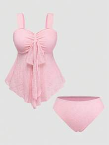 Sweetra Áo bikini ren hở lưng lãng mạn dành cho nữ cỡ lớn, ngọt ngào và dễ thương cho kỳ nghỉ hè trên bãi biển. - Hồng - Xem 1