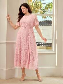MOTF PREMIUM VESTIDO DE ENCAJE ELEGANTE PARA MUJER CON CINTURÓN DE CINTURA ADORNADO CON DIAMANTE DE IMITACIÓN Y MANGAS CORTAS, ROSA - Rosa - Ver 6