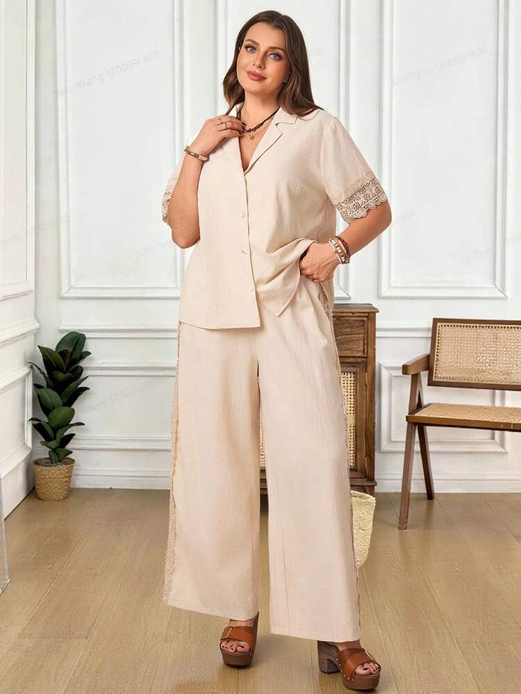 Plus Size Casual Solid Color Shirt And Pants 2 Pieces Set/Summer/Vacation Women Vacation Outfit Sets Blouse And Pants Set For Women Pants Suits For Woman Women's Summer Co Ord Summer Outfits For Women Beach Outfit For Women Casual Vacation Outfits Women Country Concert Outfit Peplum