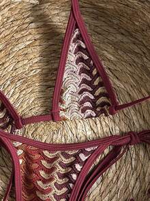Swim Vcay Swim 2 Pieces Textured Halter Bikini Set, Burgundy Crochet Swimwear For Women,Summer Casual Holiday Vacation,Zebra Print String Bathing Suit - Multicolor - View 5