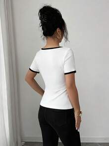 de estilo urbano con cuello cuadrado y decoración metálica, de manga corta y ajustada, para mujer.Adecuada para uso diario, bodas, galas, ir al trabajo, fiestas de graduación, vacaciones, citas, fiestas, Halloween, Navidad, Año Nue - Blanco y Negro - Ver 6