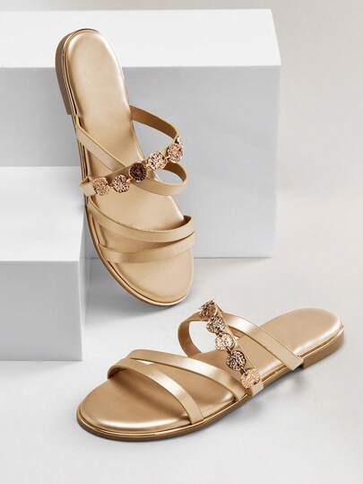 SHUZIA Giày sandal nữ đế bằng da giả màu vàng ánh kim kiểu Hy Lạp, dáng rộng, trang trí họa tiết đồng xu vàng, dễ mang, thoải mái, hở mũi, thời trang mùa xuân hè, lễ Phục sinh, đi biển.