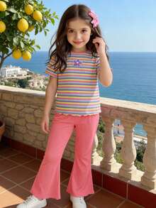 2 pièces Top rayé coloré décontracté pour jeunes filles assorti avec un pantalon large rose, Top assorti avec des fleurs 3D violettes. Convient pour le port quotidien, le parc, les voyages, la rentrée scolaire - Rose vif - Voir 4