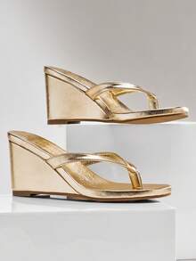 SHUZIA Sandal đế xuồng xỏ ngón thoải mái dành cho nữ - Vàng - Xem 7