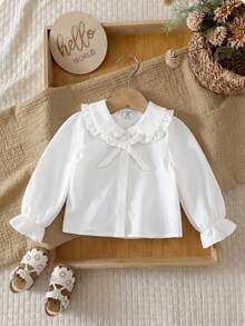 SHEIN Blusa de manga larga con cuello de encaje blanco, estilo preppy casual versátil y lindo para bebé niña - Blanco - Ver 1