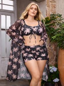 Slaydiva Plus Size Women Floral & Leaf Print Tie Front Bikini Set With Long Sleeve Kimono Robe 3-Piece Bikini Set - Multicolor - View 4