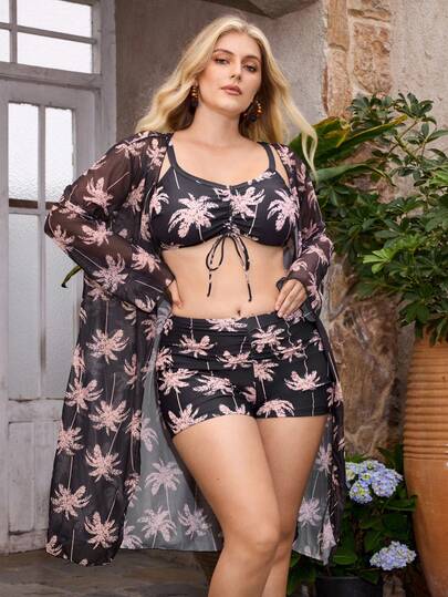Slaydiva Bộ bikini 3 mảnh dành cho nữ cỡ lớn, họa tiết hoa lá, buộc dây phía trước, kèm áo choàng kimono tay dài.