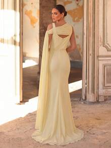 Aureia Đầm dự tiệc, dự tiệc cưới thanh lịch, lãng mạn, thời trang bằng vải chiffon màu vàng, kiểu dây mảnh, vạt áo choàng và đuôi cá. - Màu vàng - Xem 4