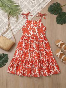 Young Girl Floral Print Vacation Beach Tie Strap Dress - White - View 5