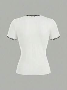 SHEIN EZwear 2件套休闲简约黑白撞色贝壳花图案基础款圆领短袖T恤，春夏搭配 - 黑與白 - 查看 5