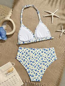 SHEIN Beige Tween Girls Cute Ditsy Floral Knit Fabric Bikini Sets,2 Pieces Halter Design,Fashionable European And American Style For Summer Beach Holiday - Multicolor - View 2