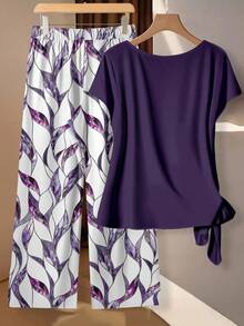 EMERY ROSE Plus Size Women 2pcs Set: Solid Color Twist Front Crop Top And Allover Print Wide Leg Pants - Multicolor - View 2