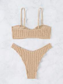 SHEIN X SAMADHI Oceva Ladies' Solid Summer Beach Textured Frill Trim Bikini Swimwear Set - Khaki - View 6