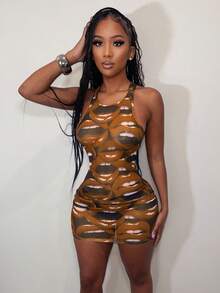 BamGleam Yellow Sheer Knitted Mini Dress For Women Sleeveless Round Neck Backless With Eye-Catching Lip Print - Yellow - View 5
