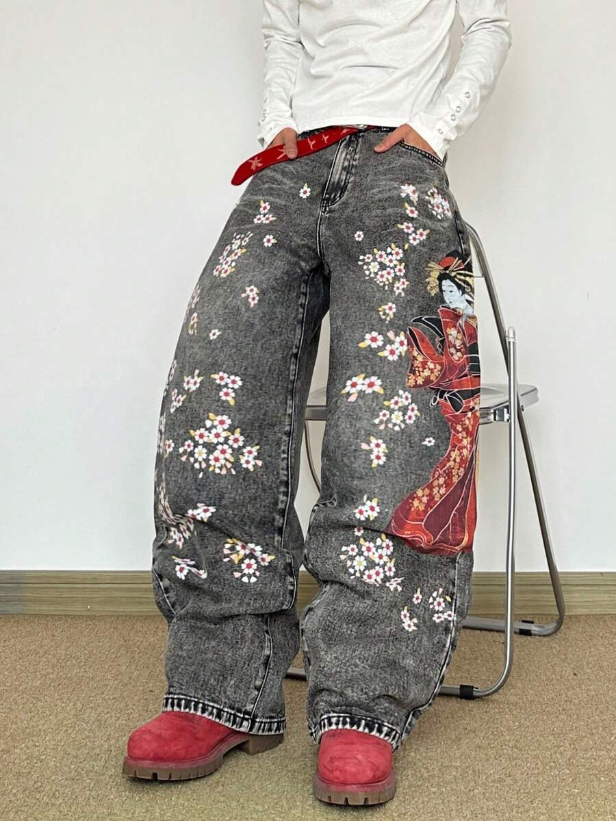 Manfinity Hypemode 复古做旧猫须印花宽松阔腿休闲牛仔裤,时尚街头风男士宽松水洗灰色阔腿牛仔裤,饰以日本艺伎和花卉印花,打造独特街头风造型 - 灰色 - 查看 1
