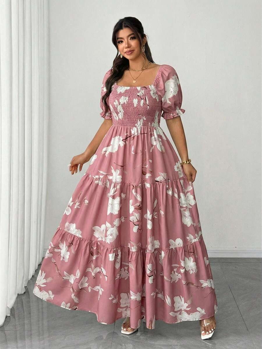 Elenzga 红色优雅浪漫连衣裙，收腰设计，短袖，适合情人节、圣诞节、新年等场合，大码尺码 - 藕粉色 - 查看 1