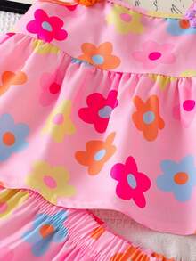 SHEIN Elladie kids 女童彩色花卉印花細肩帶上衣與短褲兩件套，活潑夏季兒童套裝，度假家庭親子度假穿搭衣著 - 粉色 - 查看 7