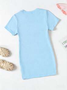 SHEIN Elladie kids 春夏少女休闲时尚创意个性清新简约亮白蓝蝴蝶结装饰图案印花休闲基础款粉色短袖T恤裙，舒适日常穿着，适合春、夏、秋季穿着。 - 藍色 - 查看 2