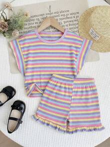 LMoss Kids 2件套 女童条纹圆领针织T恤和短裤 - 彩色 - 查看 3
