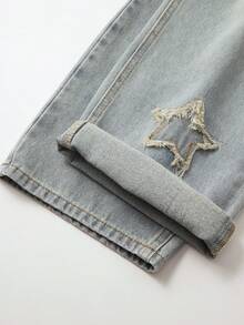 Denim Vintage Desgastado para Meninos Pré-Adolescentes com Bordado de Estrela, Denim Casuais de Lavagem Desbotada com Ajuste Relaxado para Meninos - Lavagem clara - Visão 6