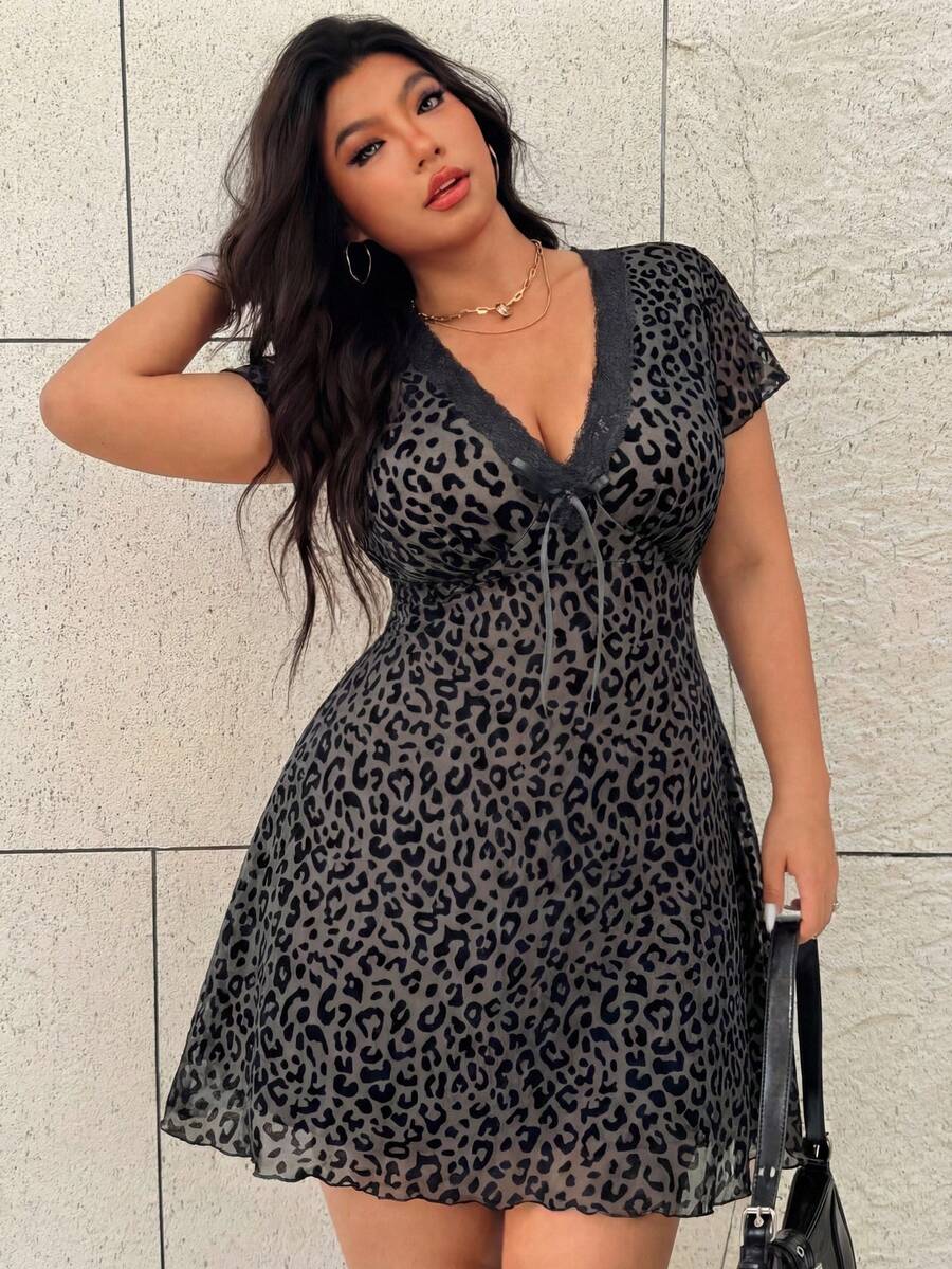GalTyme Plus Size Women Casual Leopard Print Lace Patchwork V-Neck Dress,Casual, Elegant ,Vacation ,Work,Office Brunch Fairycore Comfortable Concert ,Club , Fashionable For Everyday Wear Fall /Autumn/Winter/Summer ,For Daily ,Commute,Date,Party,Wedding,Beach,Graduati,Chic,Elegant,Casual,Going Out,Date,Appointment,Commute,Shining,Valentine's Day,Casual,Y2k,Country, - Black - View 1
