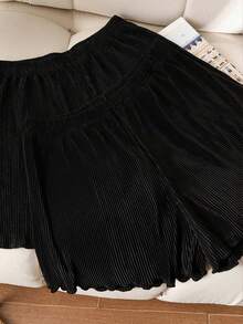 CosyJoli Set de 2 pantalones cortos plisados de color negro sólido talla grande, adecuados para el verano - Negro - Ver 4