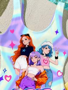 Fashionable Bright Color Starry Cartoon Girl Print,K-POP,Tween Casual Minimalist One-Piece Swimsuit Suitable For Summer Island,Beach,Vacation - Multicolor - View 5