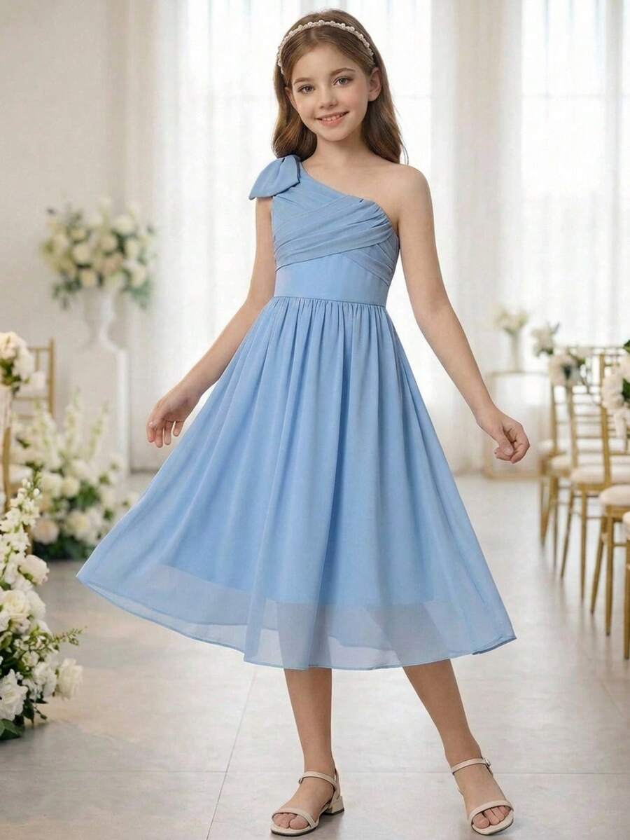 Pitira Vestido de fiesta elegante y lujoso de cuello cuadrado de gasa para niñas preadolescentes, adecuado para asistir a bailes, bodas, fiestas y eventos - Azul - Ver 1