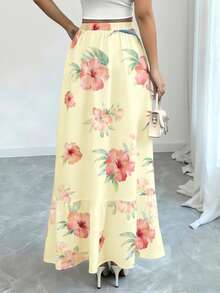 Modelyn 芙蓉花印花浅黄色弹力腰半身裙，女士时尚拼接长裙，休闲夏季下装 - 彩色 - 查看 2