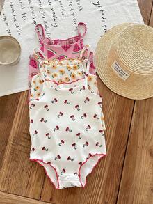 SHEIN LMoss Kids 新生女婴 3 件套 可爱碎花夏季吊带连体衣 - 彩色 - 查看 6