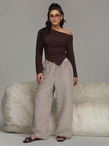 HautHeat Plus Size Women Oblique Shoulder Ruched Asymmetrical Hem Long Sleeve Top And Striped Drawstring Waist Loose Pants Pajama Set - Coffee Brown - View 1