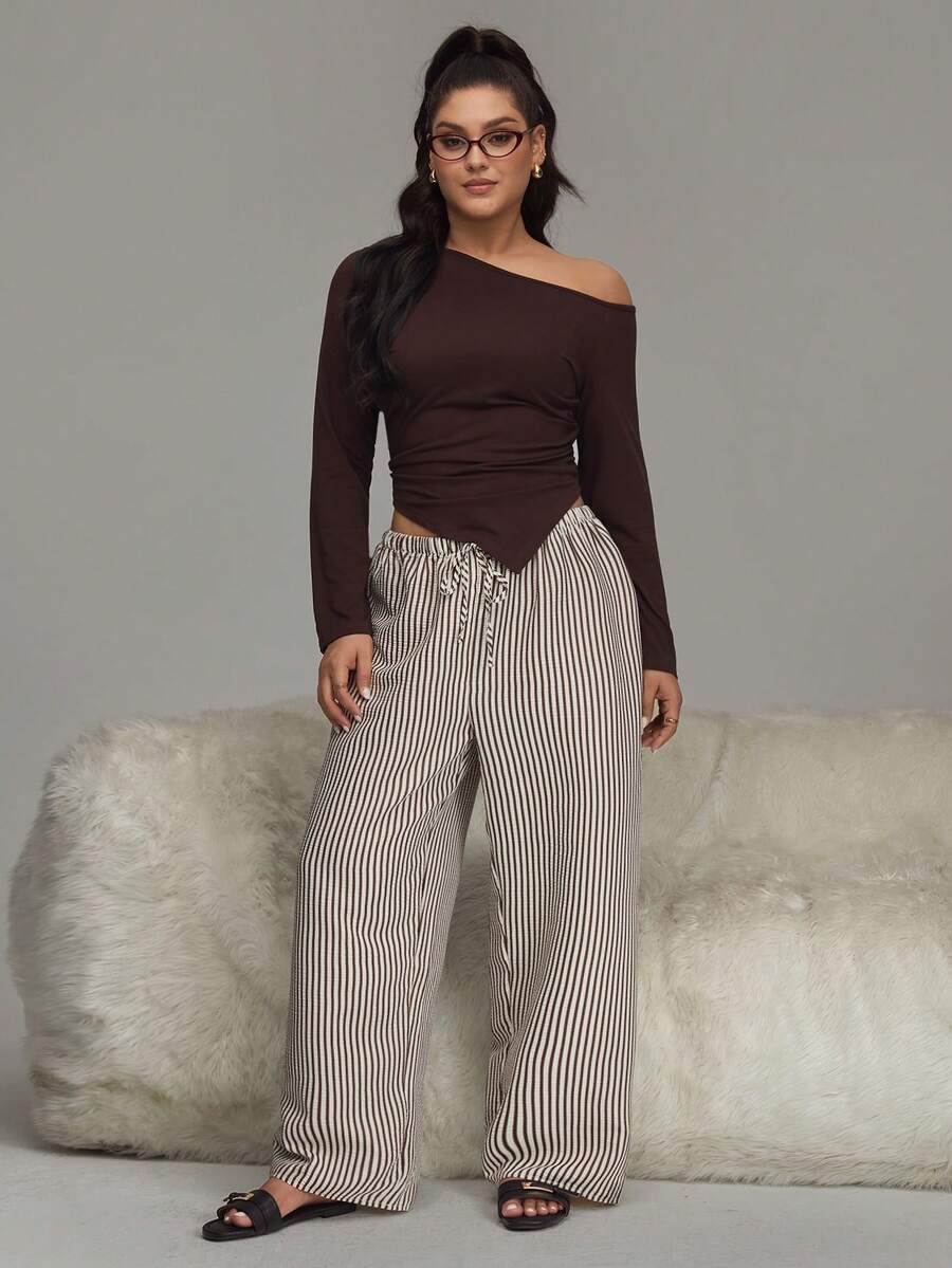 HautHeat Plus Size Women Oblique Shoulder Ruched Asymmetrical Hem Long Sleeve Top And Striped Drawstring Waist Loose Pants Pajama Set - Coffee Brown - View 1